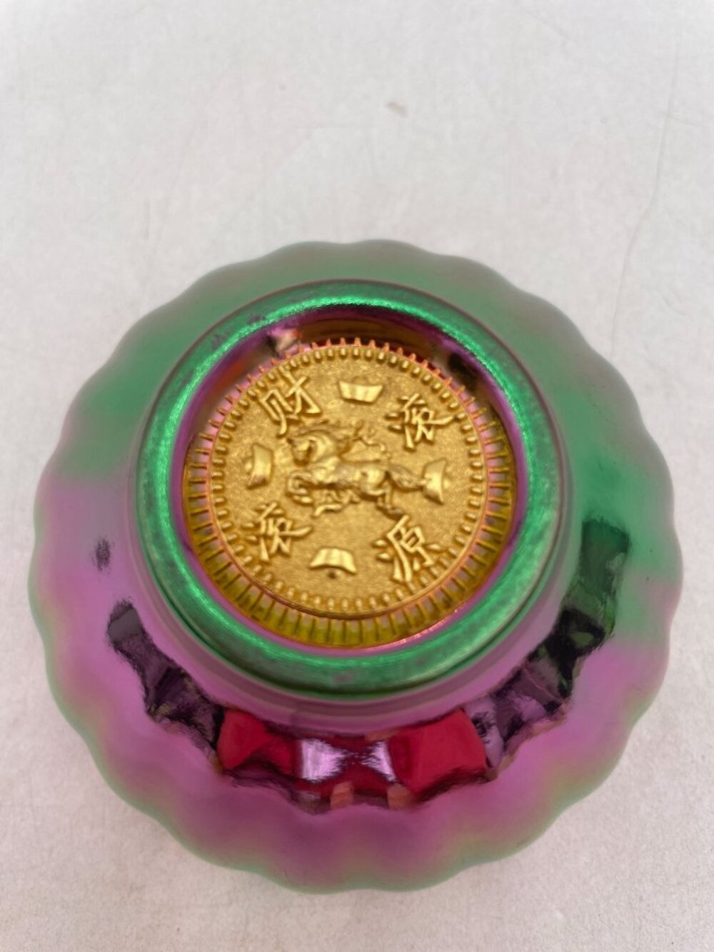 Dragon Motif Iridescent Glass Bowl With Peacock Pattern - Picture 6 of 9